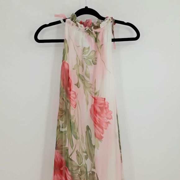 Ruiyige Sheer Flowy Floral Maxi Ruffled Jewel Neck Maxi Dress White Pink Sz L - Picture 5 of 11